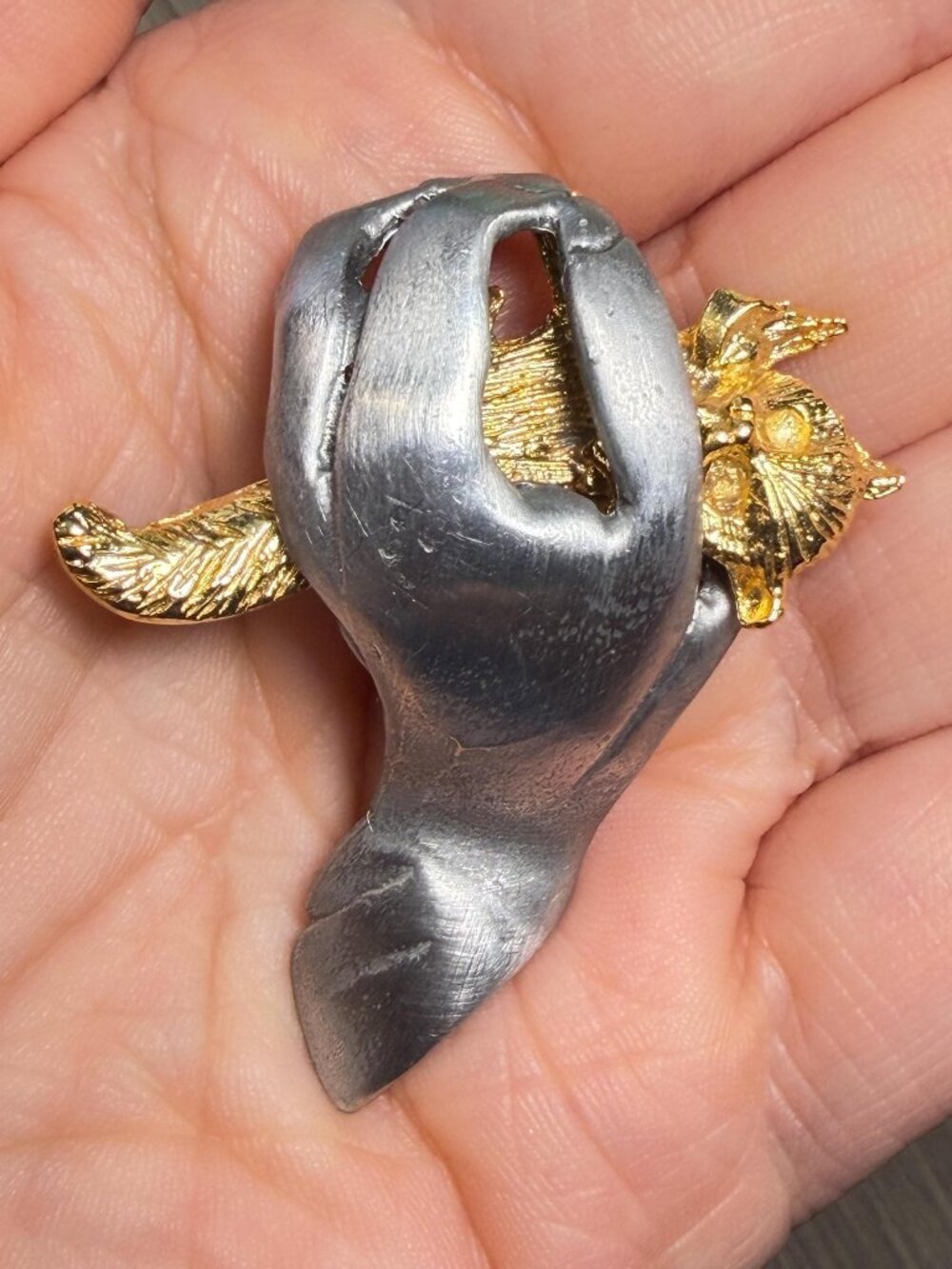 Ultracraft Cat in Hand Brooch Two Tone Vintage Pin 3 inches